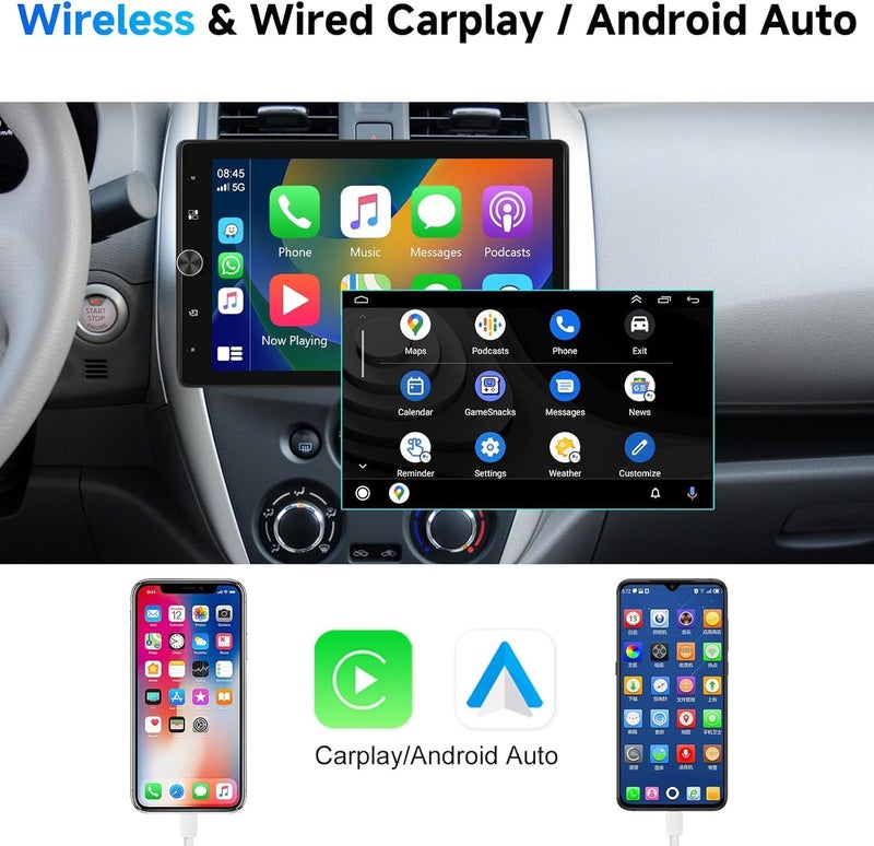Podofo 10.4" Single Din Radio Car Stereo with Wireless CarPlay & Android Auto, Rotatable Touch Screen, Bluetooth, 16-Band EQ Audio, Mirror Link, SWC, FM, USB, TF, Backup Camera - Image 3