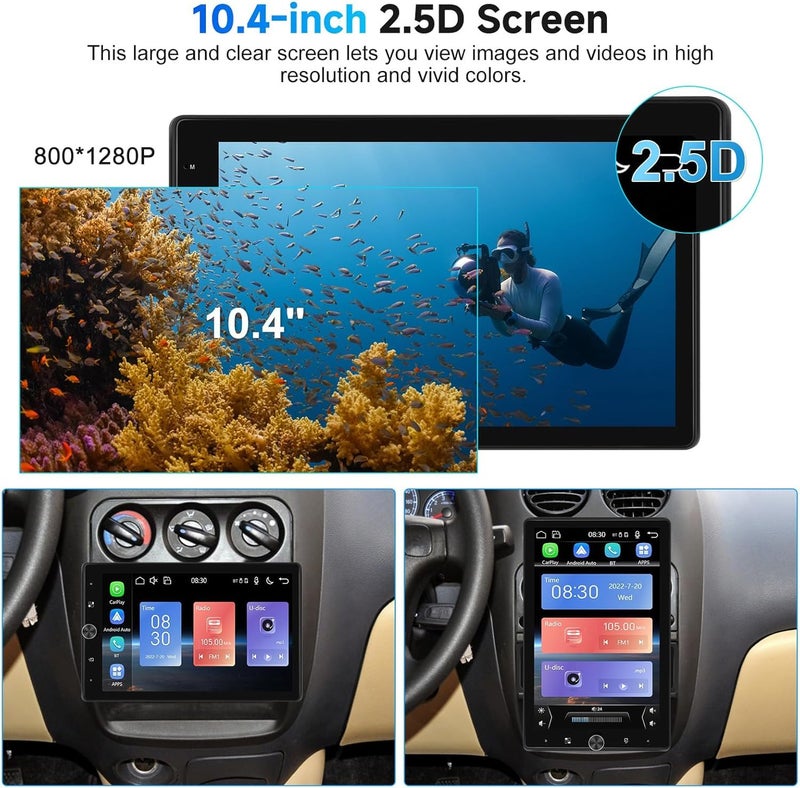 Podofo 10.4" Single Din Radio Car Stereo with Wireless CarPlay & Android Auto, Rotatable Touch Screen, Bluetooth, 16-Band EQ Audio, Mirror Link, SWC, FM, USB, TF, Backup Camera - Image 2