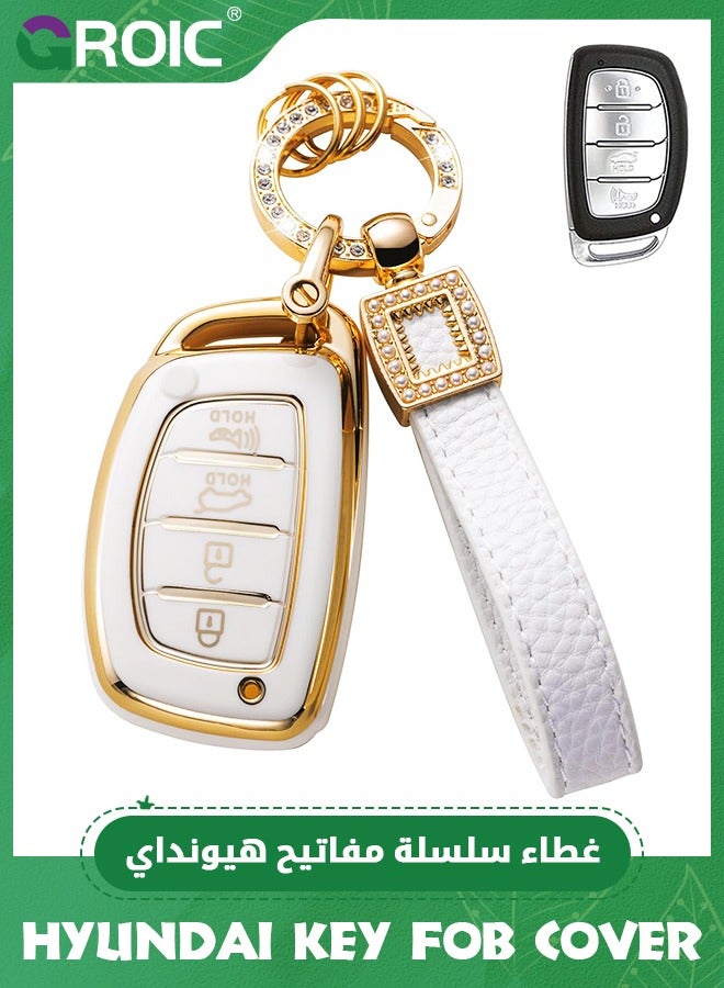 GROIC غطاء مفتاح هيونداي مع حبل جلدي، غلاف مفتاح السيارة متوافق مع هيونداي إلنترا إلنترا جي تي أيونيك سوناتا توكسون مفتاح ذكي 4 أزرار واقي حامل مفتاح ذكي - Image 1