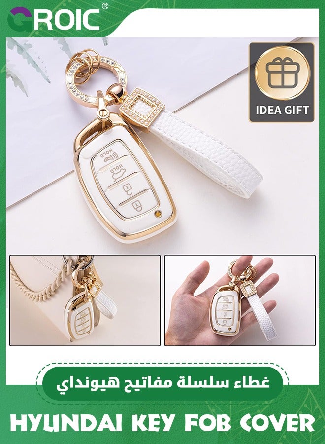 GROIC غطاء مفتاح هيونداي مع حبل جلدي، غلاف مفتاح السيارة متوافق مع هيونداي إلنترا إلنترا جي تي أيونيك سوناتا توكسون مفتاح ذكي 4 أزرار واقي حامل مفتاح ذكي - Image 4