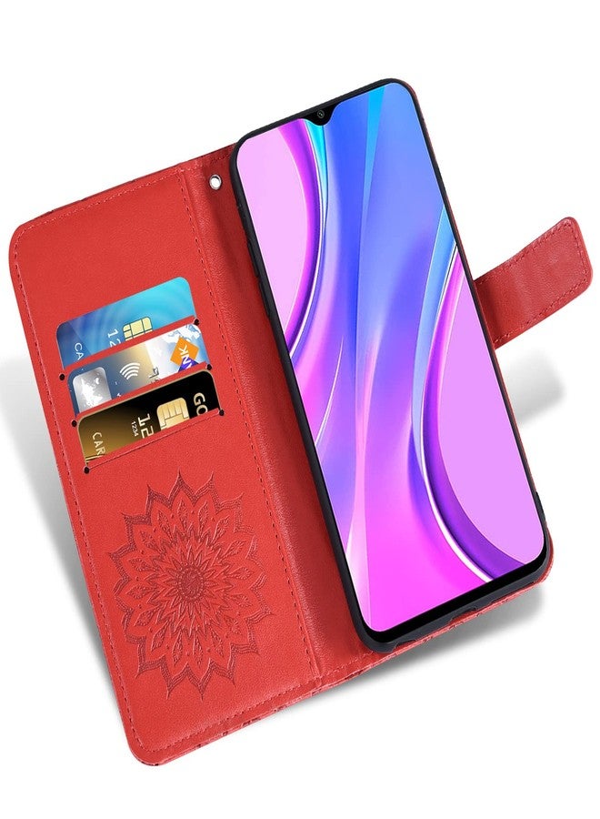 أسو ويش جراب هاتف لهاتف شاومي ريدمي 9، جراب محفظة مع واقي شاشة من الزجاج المقوى وغطاء قلاب جلدي رفيع، حامل بطاقات، ملحقات هاتف شاومي ريدمي 9 برايم بوكو إم 2، للرجال والنساء، أحمر - Image 3