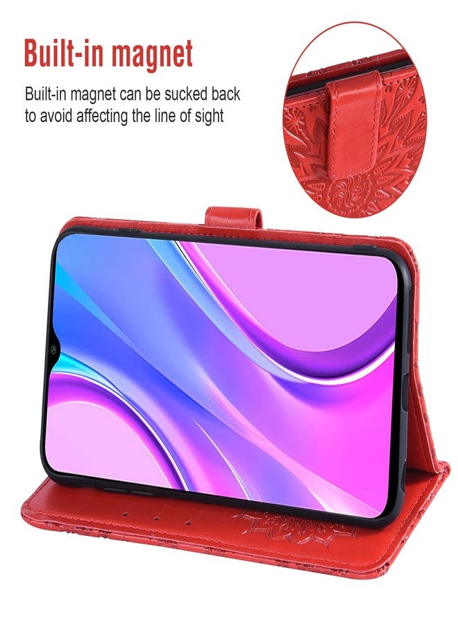 أسو ويش جراب هاتف لهاتف شاومي ريدمي 9، جراب محفظة مع واقي شاشة من الزجاج المقوى وغطاء قلاب جلدي رفيع، حامل بطاقات، ملحقات هاتف شاومي ريدمي 9 برايم بوكو إم 2، للرجال والنساء، أحمر - Image 4