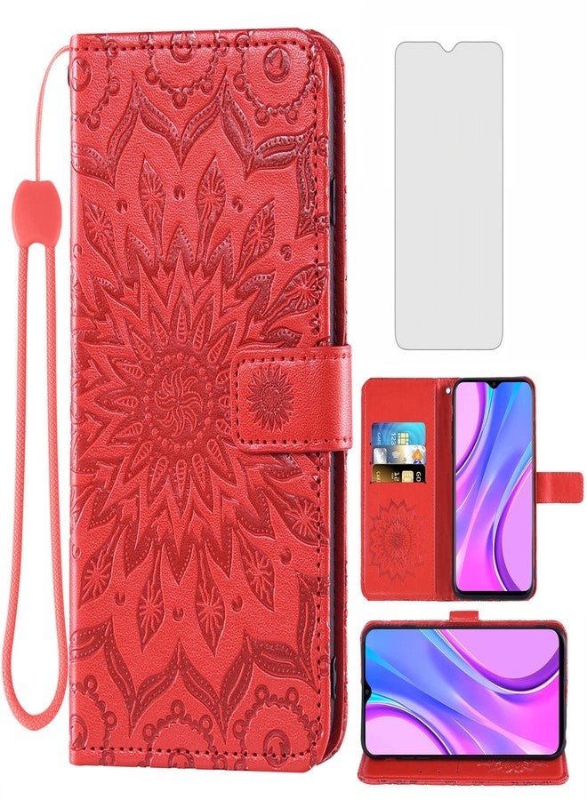 أسو ويش جراب هاتف لهاتف شاومي ريدمي 9، جراب محفظة مع واقي شاشة من الزجاج المقوى وغطاء قلاب جلدي رفيع، حامل بطاقات، ملحقات هاتف شاومي ريدمي 9 برايم بوكو إم 2، للرجال والنساء، أحمر - Image 1