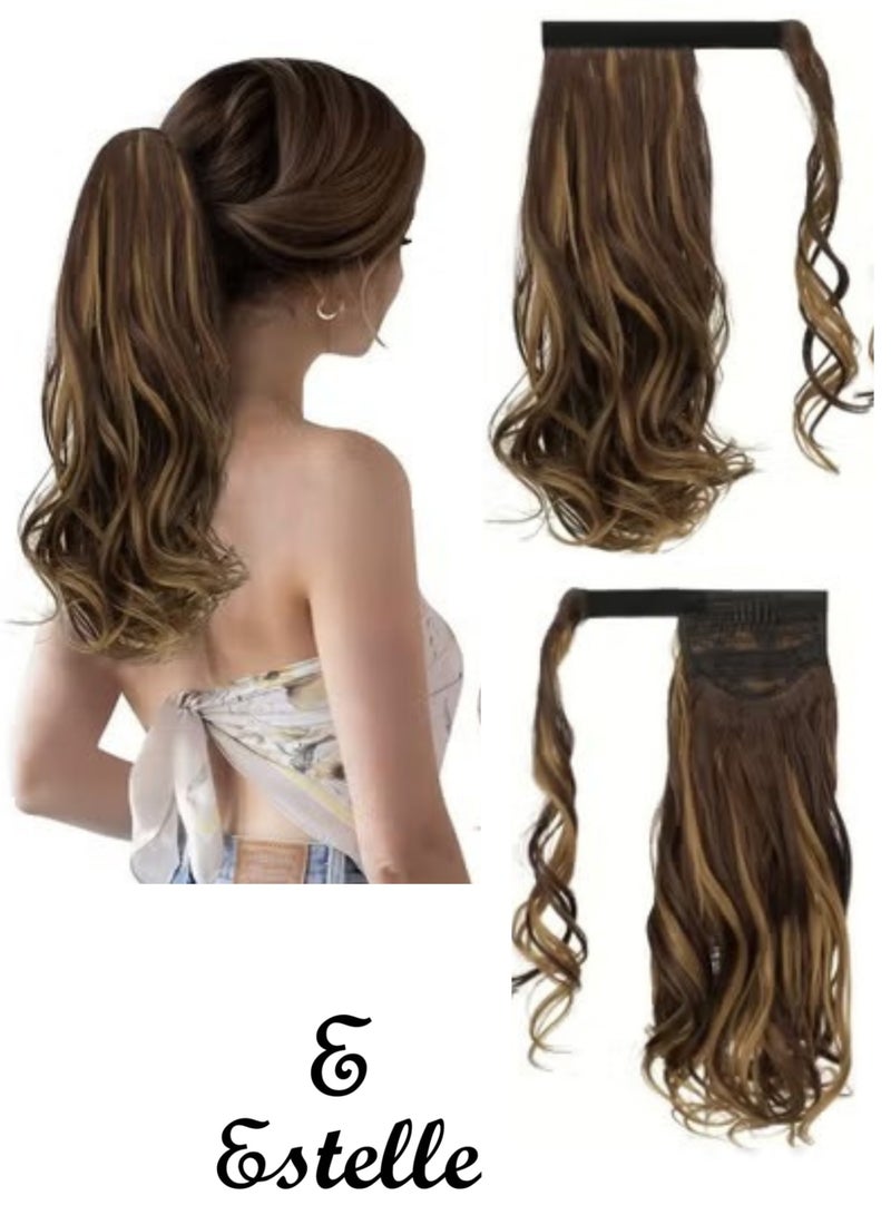 Estelle Curly Ponytail Extension 15 Inch Heat Resistant Synthetic Natural Wavy Hairpiece Wrap Around Pony Tail Hair Extensions for Women Dark Brown / Golden Auburn Curly - Image 1