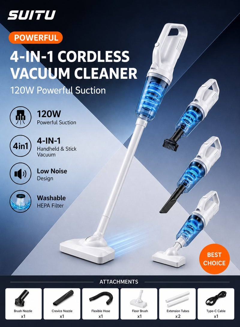 SUITU Cordless Handheld Vacuum Cleaner 120W 12000Pa Powerful Suction, 4-in-1 Lightweight Wet & Dry Vacuum with Detachable Battery, LED Light & Multi-Nozzle for Car, Home & Office - Image 1