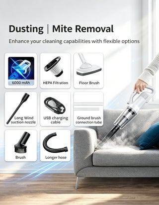 Cordless Handheld Vacuum Cleaner 120W 12000Pa Powerful Suction, 4-in-1 Lightweight Wet & Dry Vacuum with Detachable Battery, LED Light & Multi-Nozzle for Car, Home & Office - view 2