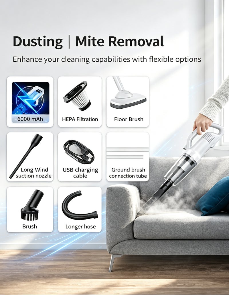 SUITU Cordless Handheld Vacuum Cleaner 120W 12000Pa Powerful Suction, 4-in-1 Lightweight Wet & Dry Vacuum with Detachable Battery, LED Light & Multi-Nozzle for Car, Home & Office - Image 2