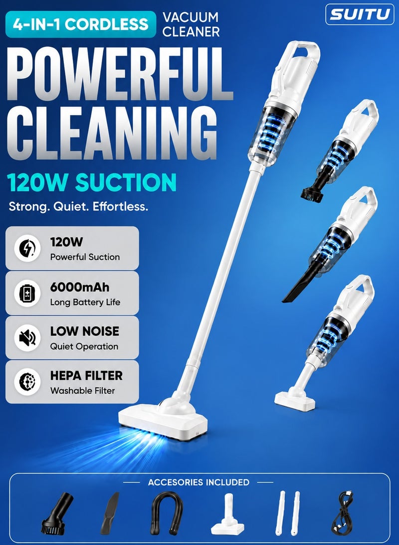 SUITU Cordless Handheld Vacuum Cleaner 120W 12000Pa Powerful Suction, 4-in-1 Lightweight Wet & Dry Vacuum with Detachable Battery, LED Light & Multi-Nozzle for Car, Home & Office - Image 1