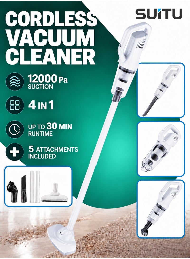 SUITU Cordless Handheld Vacuum Cleaner 120W 12000Pa Powerful Suction, 4-in-1 Lightweight Wet & Dry Vacuum with Detachable Battery, LED Light & Multi-Nozzle for Car, Home & Office - Image 1