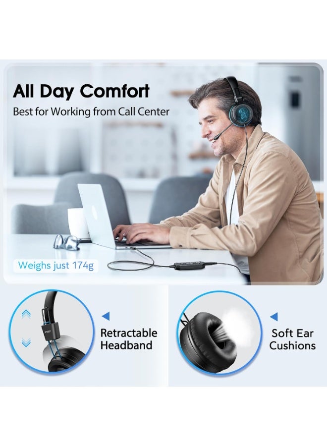 HS20 Computer Headset with Microphone, Wired Office Headphones with 360° Omni-Directional Mic, USB and 3.5mm Jack, In-Line Controls, Mute Button, Compatible with Skype, Call Centers, PC, Phones, and Tablets - Image 2