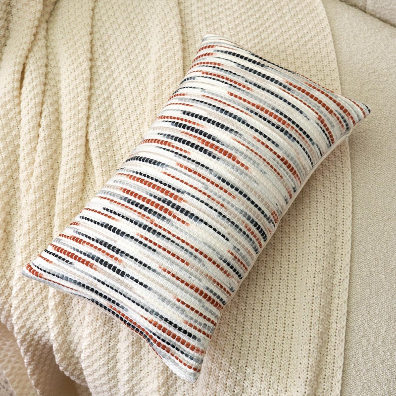 Aeckself Boho Striped Pillow Cover 12x20, Rectangle Decorative Lumbar Throw Pillow Cover Chenille Neutral Pillowcase for Couch Bedroom Living Room, Orange Gray - Image 3