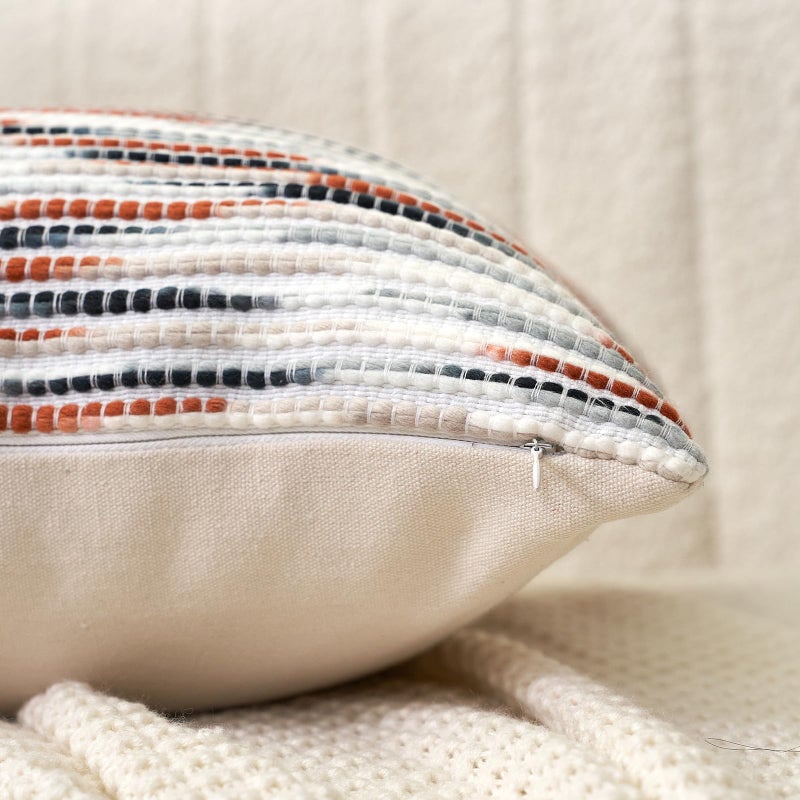 Aeckself Boho Striped Pillow Cover 12x20, Rectangle Decorative Lumbar Throw Pillow Cover Chenille Neutral Pillowcase for Couch Bedroom Living Room, Orange Gray - Image 4