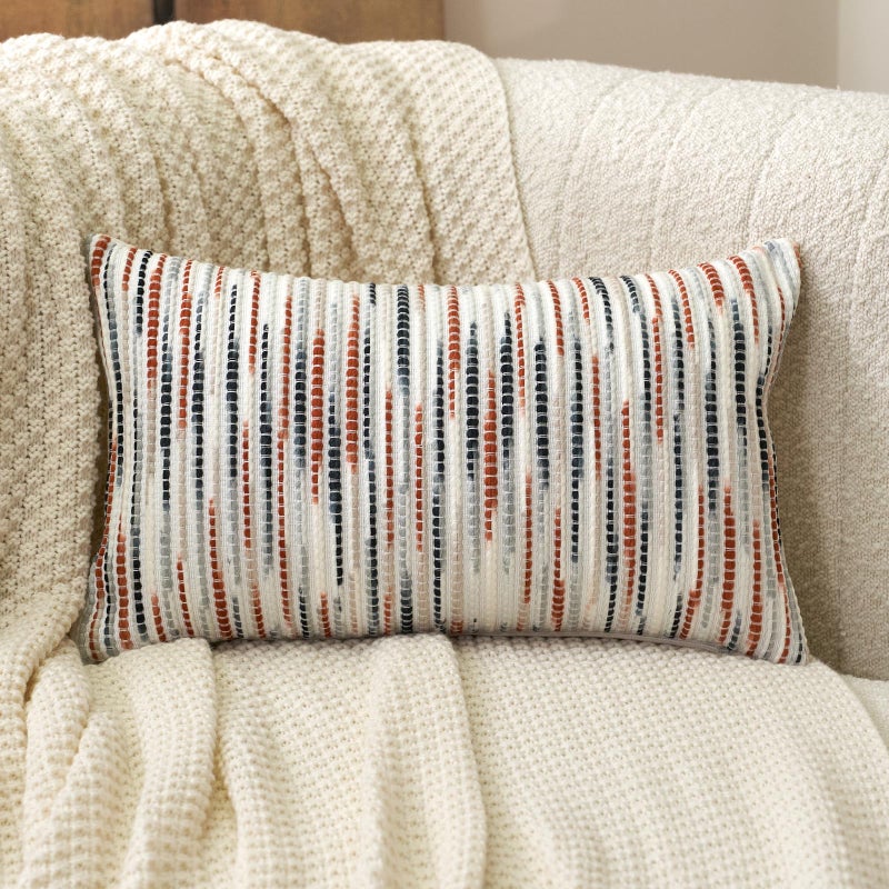 Aeckself Boho Striped Pillow Cover 12x20, Rectangle Decorative Lumbar Throw Pillow Cover Chenille Neutral Pillowcase for Couch Bedroom Living Room, Orange Gray - Image 2