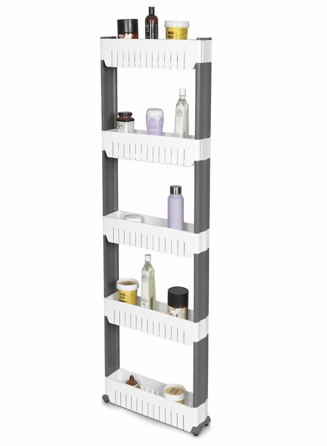 FLIPZON Slim Rolling Storage Rack – 5-Tiered Shelf Plastic Slide-Out Organizer | Space-Saving, Multipurpose | for Kitchen, Bathroom, Laundry, Pantry & Utility Storage | Floor Standing | White & Grey - Image 2