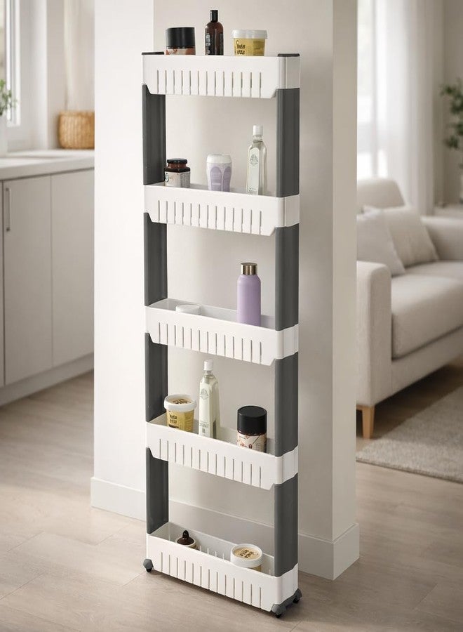 FLIPZON Slim Rolling Storage Rack – 5-Tiered Shelf Plastic Slide-Out Organizer | Space-Saving, Multipurpose | for Kitchen, Bathroom, Laundry, Pantry & Utility Storage | Floor Standing | White & Grey - Image 1