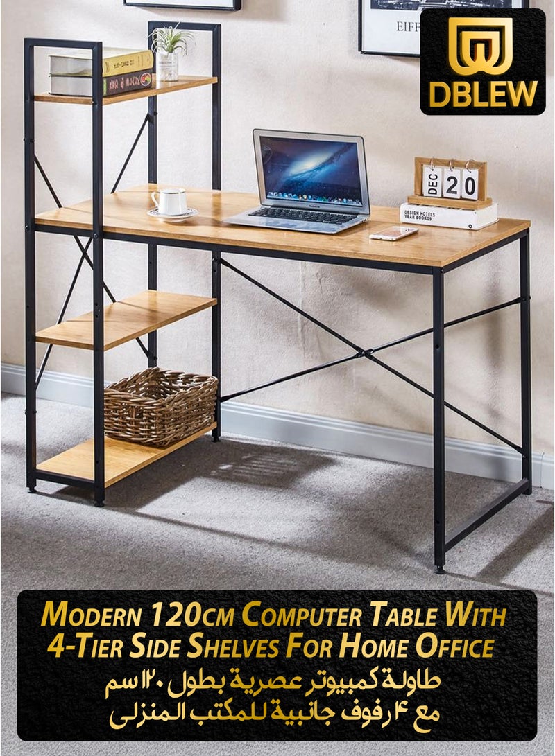 دي بلو طاولة كمبيوتر عصرية بطول 120 سم مع رفوف تخزين جانبية مكونة من 3 طبقات قابلة للتبديل، مكتب دراسة وكتابة وزاوية للابتوب وأجهزة الكمبيوتر، سطح عمل واسع، هيكل معدني قوي، محطة عمل موفرة للمساحة مثالية للمكتب المنزلي أو غرفة النوم أو الطلاب أو إعدادات الألعاب - Image 1
