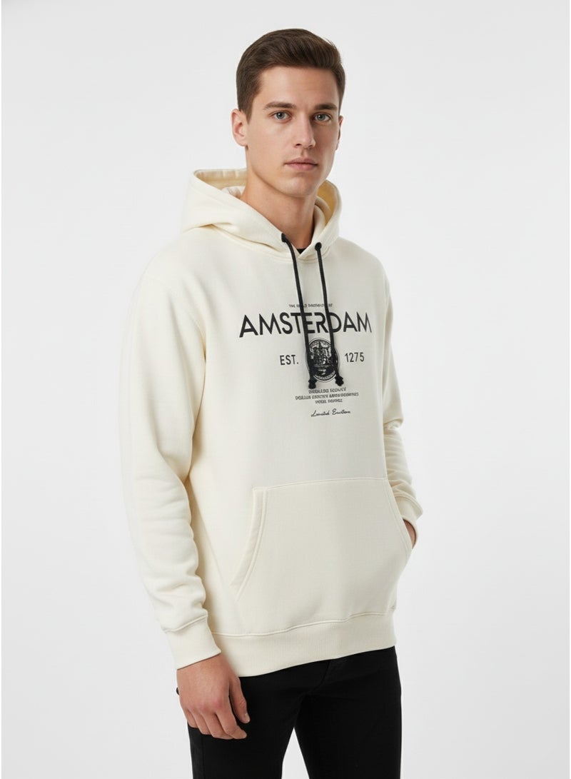 Fox Men’s Printed Pullover Hoodie – Amsterdam Graphic Kangaroo Pocket Sweatshirt in Cream - Image 2