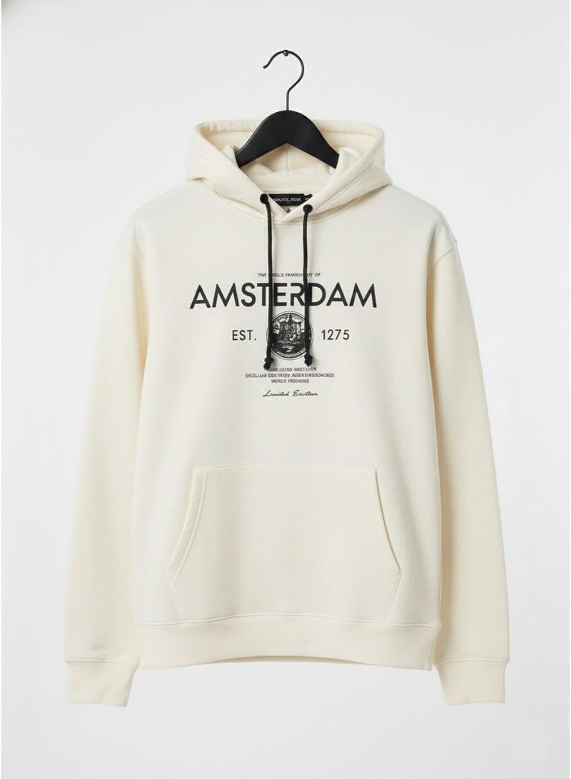 Fox Men’s Printed Pullover Hoodie – Amsterdam Graphic Kangaroo Pocket Sweatshirt in Cream - Image 1