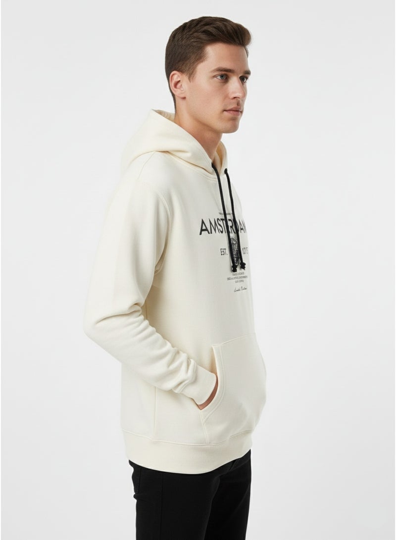 Fox Men’s Printed Pullover Hoodie – Amsterdam Graphic Kangaroo Pocket Sweatshirt in Cream - Image 3