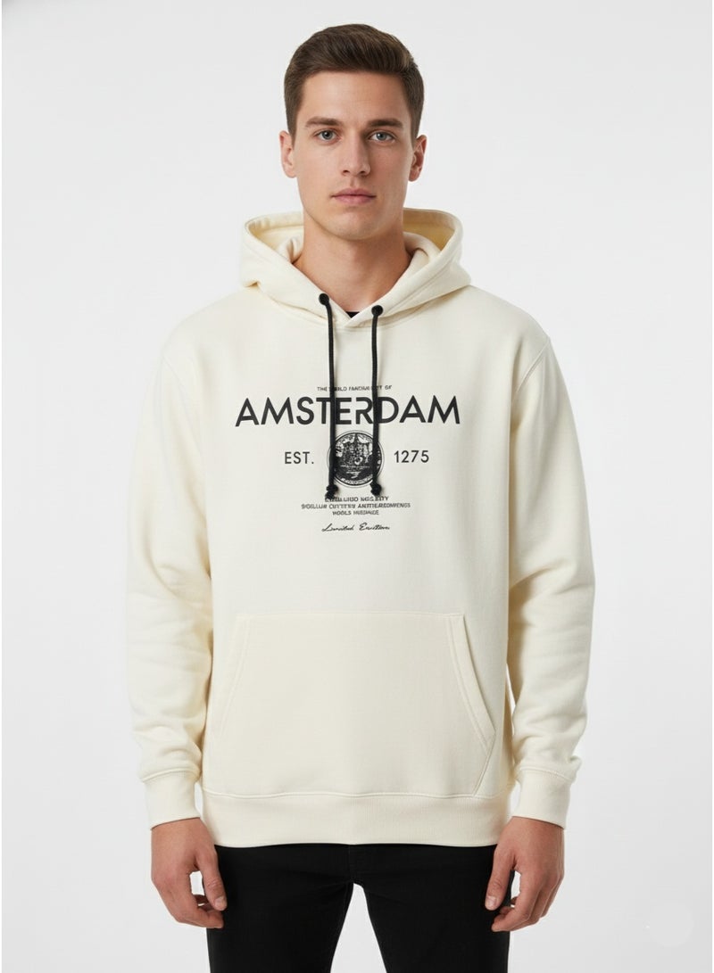 Fox Men’s Printed Pullover Hoodie – Amsterdam Graphic Kangaroo Pocket Sweatshirt in Cream - Image 4
