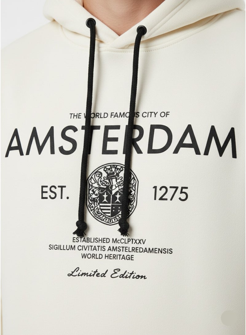 Fox Men’s Printed Pullover Hoodie – Amsterdam Graphic Kangaroo Pocket Sweatshirt in Cream - Image 5