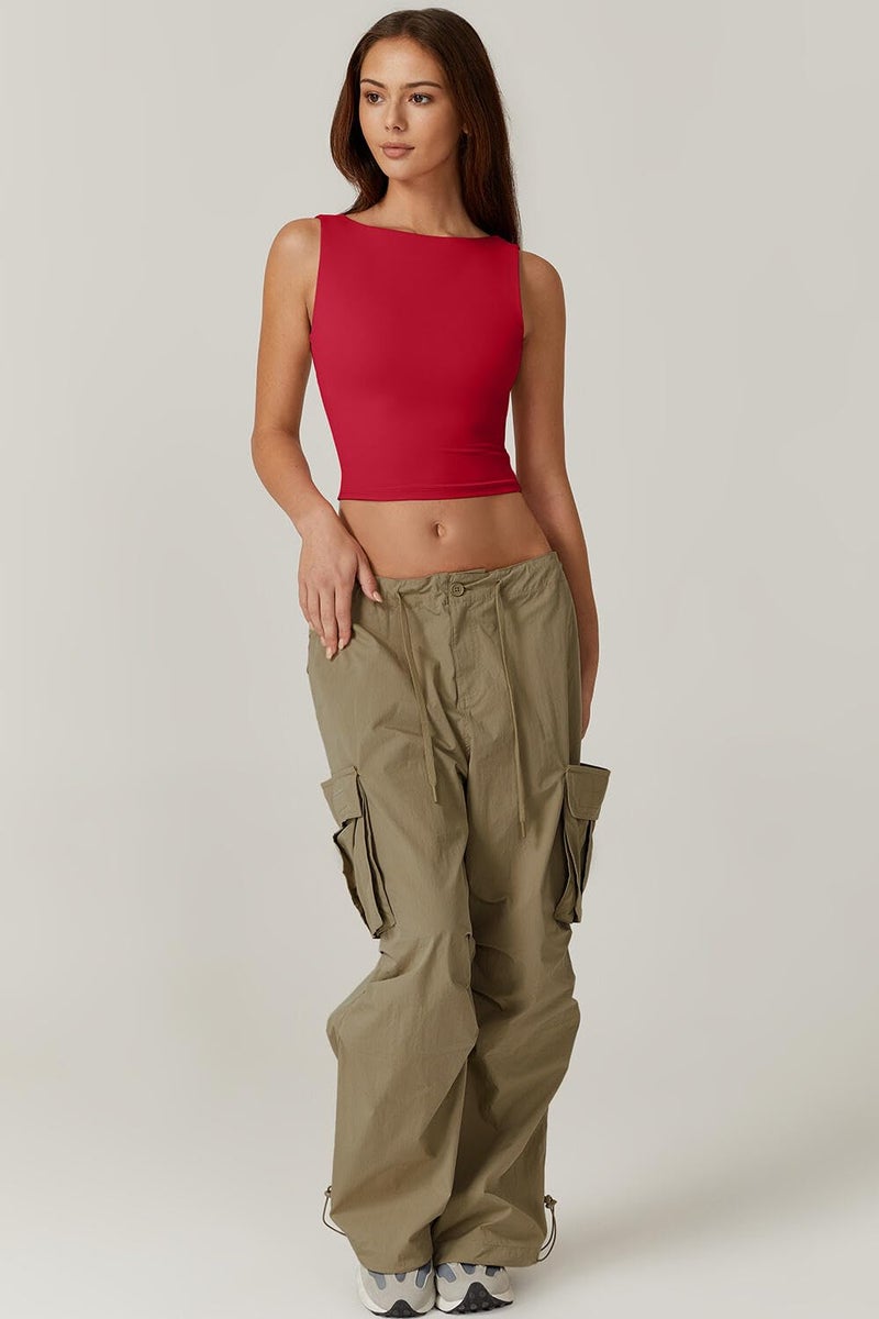 QINSEN Summer Cropped Tops for Women High Neck Open Back Crop Tank Slim Fit Tee Shirt Fairy Red L - Image 3