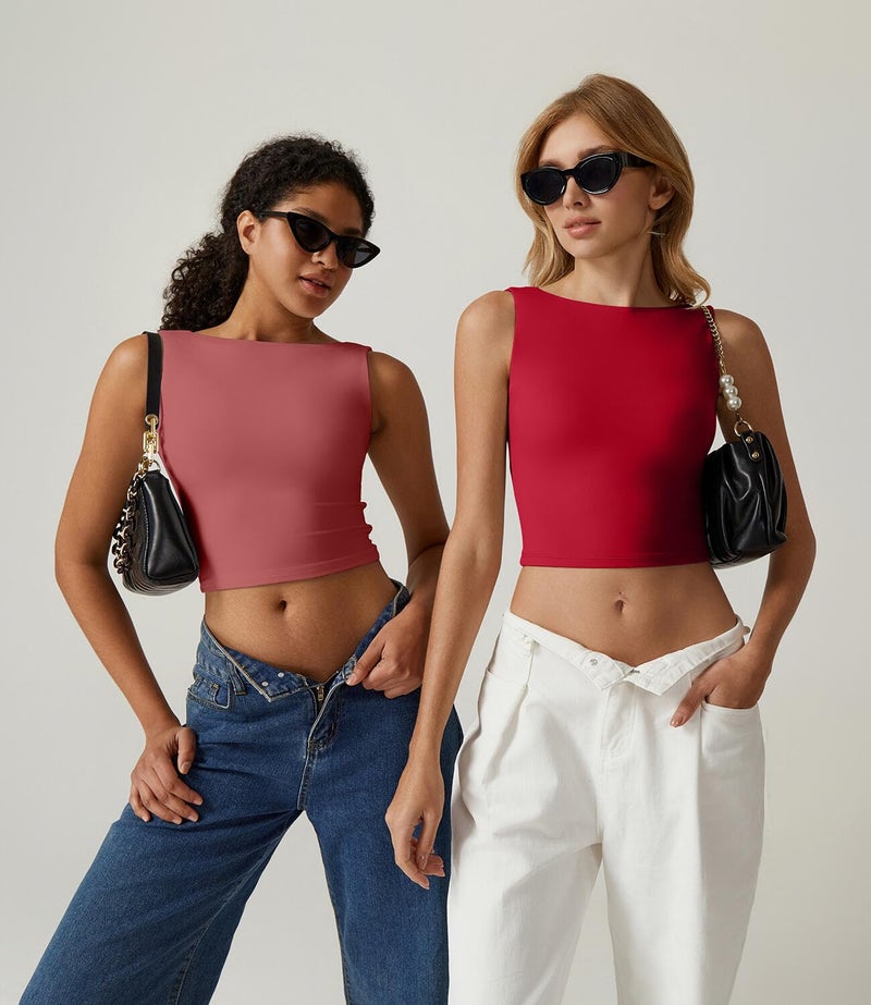 QINSEN Summer Cropped Tops for Women High Neck Open Back Crop Tank Slim Fit Tee Shirt Fairy Red L - Image 5