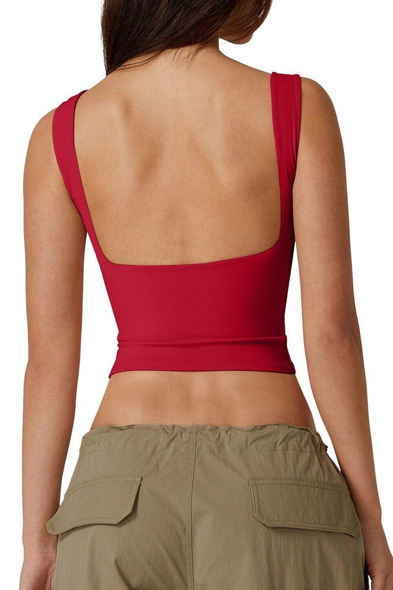 QINSEN Summer Cropped Tops for Women High Neck Open Back Crop Tank Slim Fit Tee Shirt Fairy Red L - Image 1