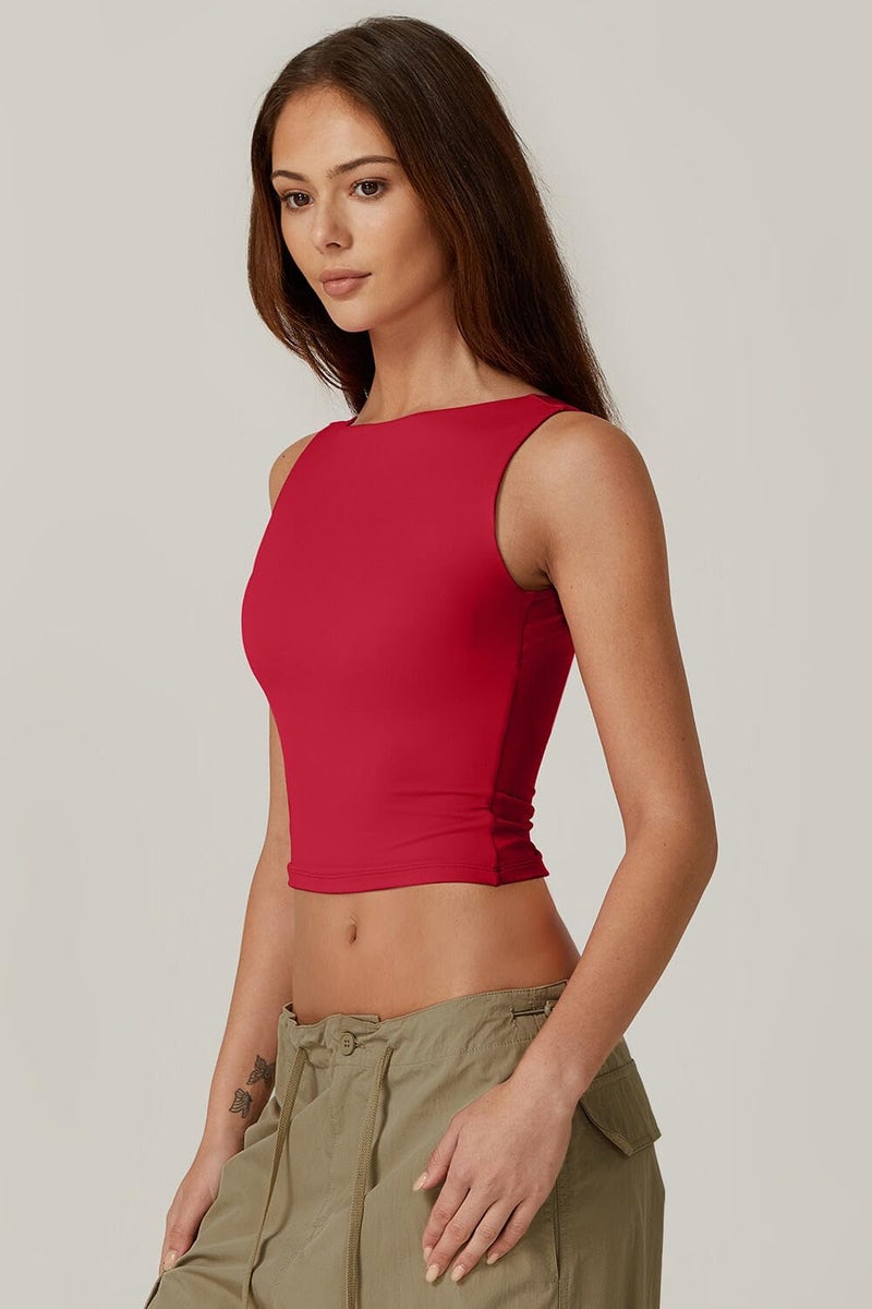 QINSEN Summer Cropped Tops for Women High Neck Open Back Crop Tank Slim Fit Tee Shirt Fairy Red L - Image 4