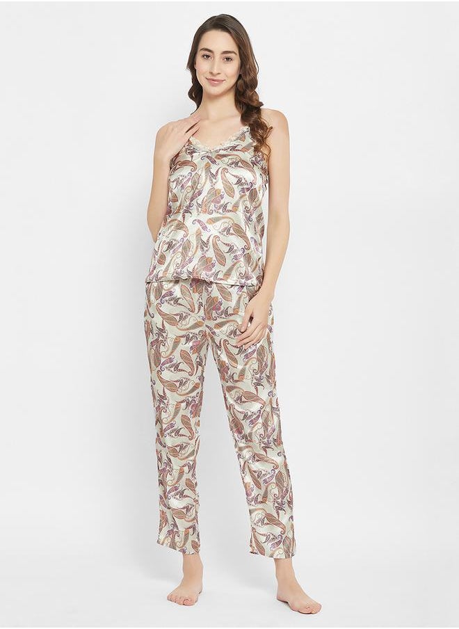 Clovia Satin Paisley Print Cami & Pyjama Set by Styli  - Image 1
