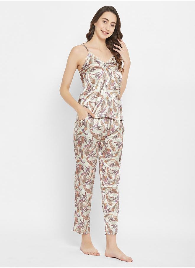 Clovia Satin Paisley Print Cami & Pyjama Set by Styli  - Image 3
