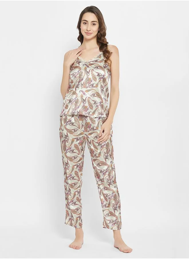 Clovia Satin Paisley Print Cami & Pyjama Set