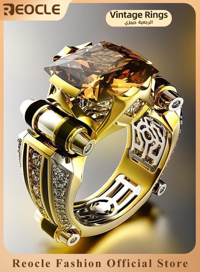 REOCLE Men's Gemstone Ring Domineering Diamond Ring Gold Plated Stainless Steel Signet Ring with Square Cut Agate Luxury Thumb Ring for Father Dad and Gentlemen as Gifts  - Image 1