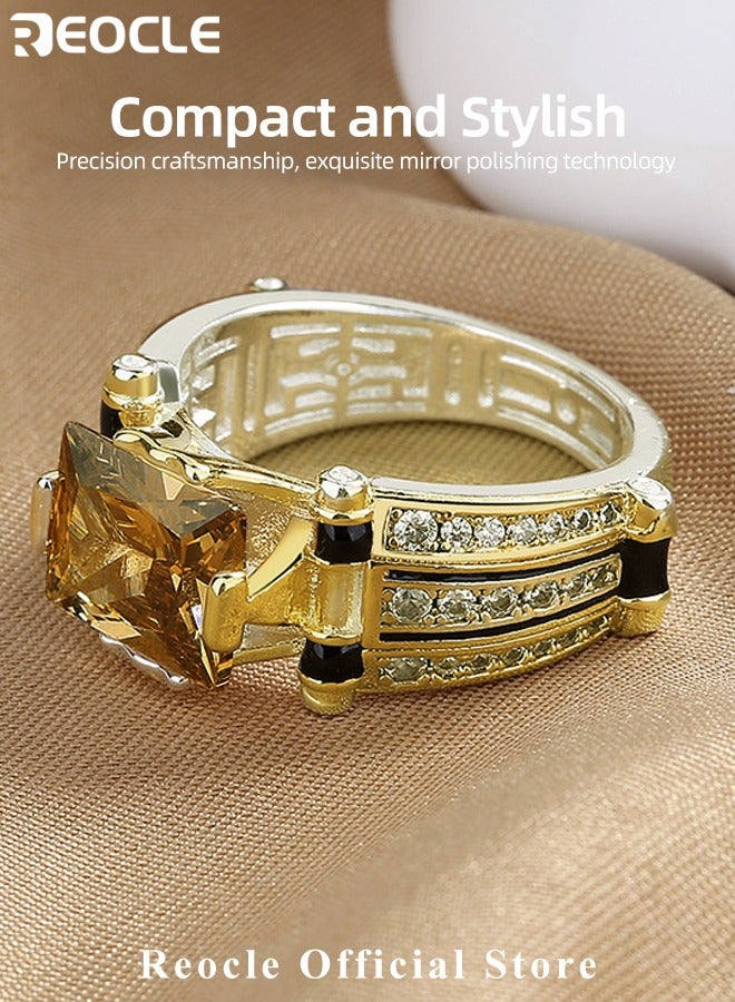 REOCLE Men's Gemstone Ring Domineering Diamond Ring Gold Plated Stainless Steel Signet Ring with Square Cut Agate Luxury Thumb Ring for Father Dad and Gentlemen as Gifts  - Image 3