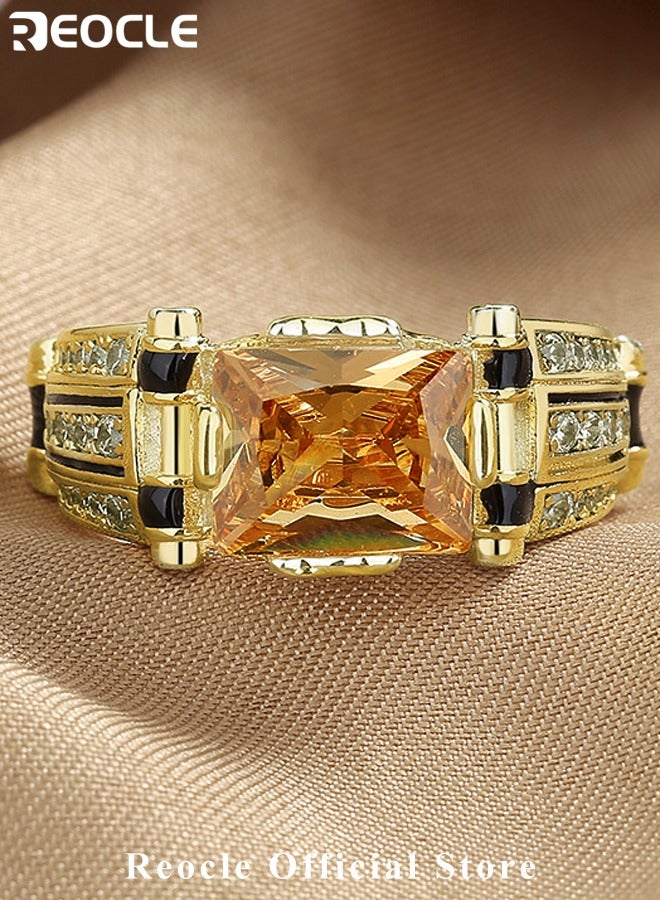 REOCLE Men's Gemstone Ring Domineering Diamond Ring Gold Plated Stainless Steel Signet Ring with Square Cut Agate Luxury Thumb Ring for Father Dad and Gentlemen as Gifts  - Image 4