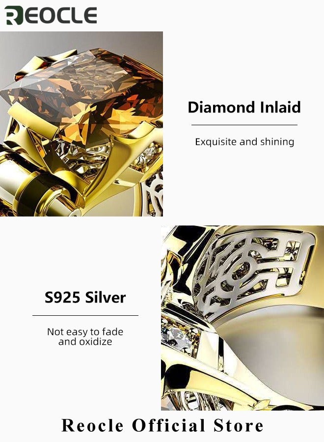 REOCLE Men's Gemstone Ring Domineering Diamond Ring Gold Plated Stainless Steel Signet Ring with Square Cut Agate Luxury Thumb Ring for Father Dad and Gentlemen as Gifts  - Image 5