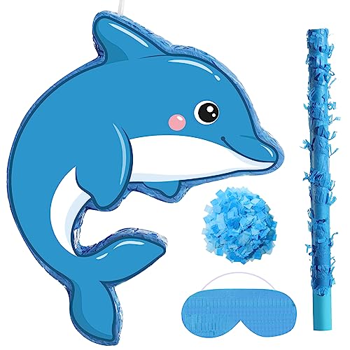 Harrycle Small Dolphin Piata Under the Sea Piata with Blindfold Bat and Confetti for Kids Dolphin Piata Ocean Dolphin Piata Decorations for Kids Birthday Party Baby Shower Supplies 16 x 126 x 3 - Image 1