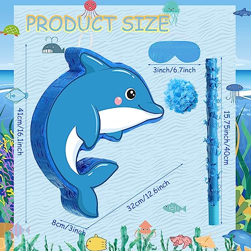 Harrycle Small Dolphin Piata Under the Sea Piata with Blindfold Bat and Confetti for Kids Dolphin Piata Ocean Dolphin Piata Decorations for Kids Birthday Party Baby Shower Supplies 16 x 126 x 3 - Image 5