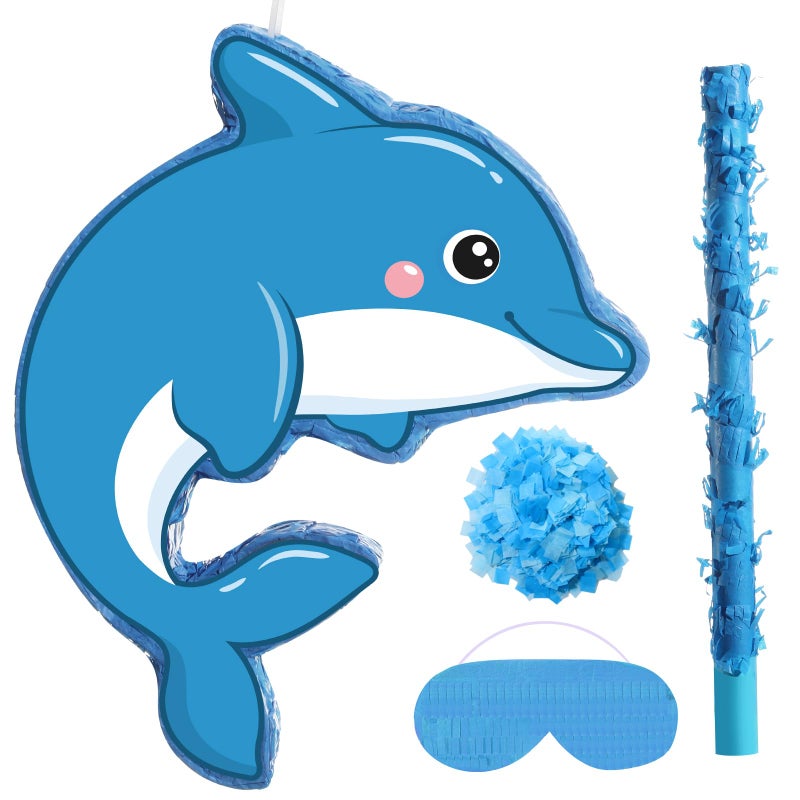 Harrycle Small Dolphin Piata Under the Sea Piata with Blindfold Bat and Confetti for Kids Dolphin Piata Ocean Dolphin Piata Decorations for Kids Birthday Party Baby Shower Supplies 16 x 126 x 3 - Image 3