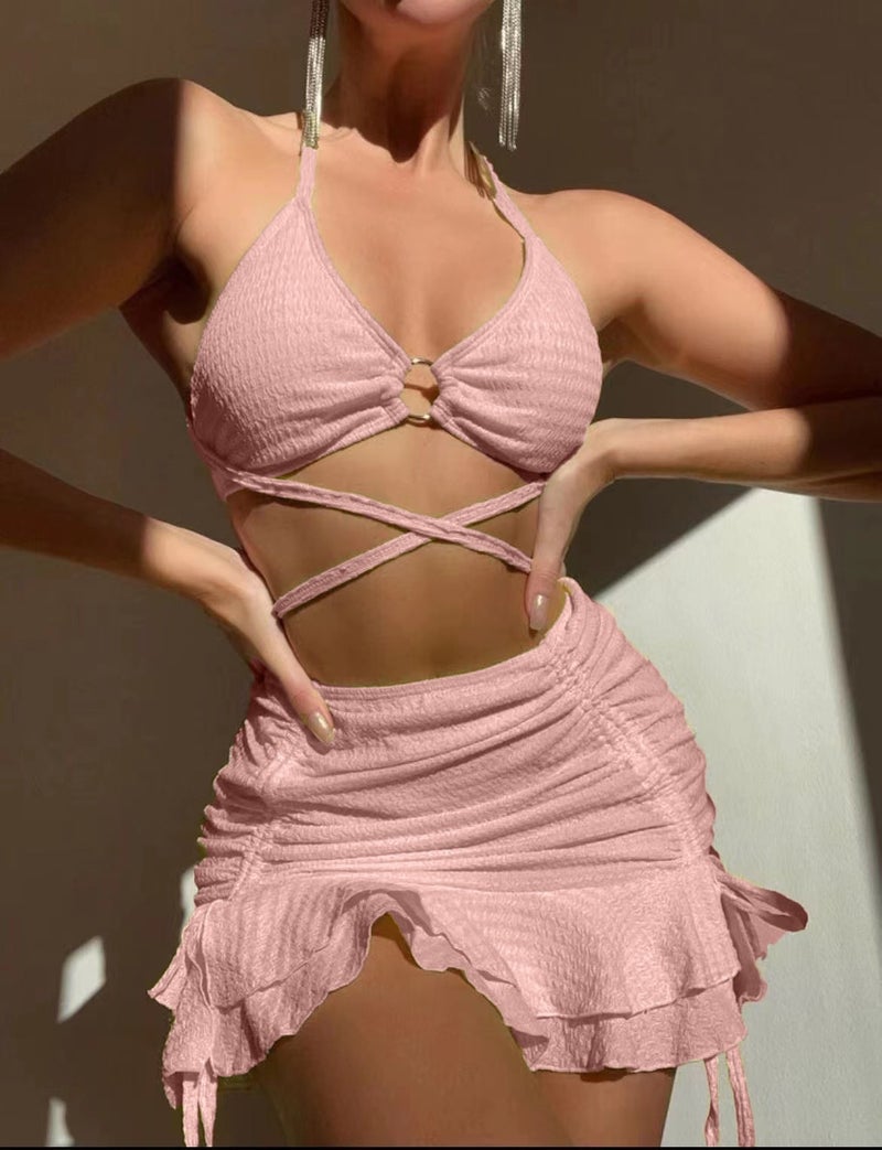 Pure Color Swimsuit Tight Strap Bikini Skirt Swimsuit Bikini - Image 1
