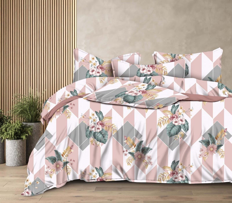 DECOR2ADMIRE 300 TC ملاءة سرير مزدوجة مطبوعة من القطن الفاخر بحجم كوين مع غطاءين وسادة للمنزل 90 بوصة × 100 بوصة (وردي مطبوع بتصميم بسيط) - Image 1