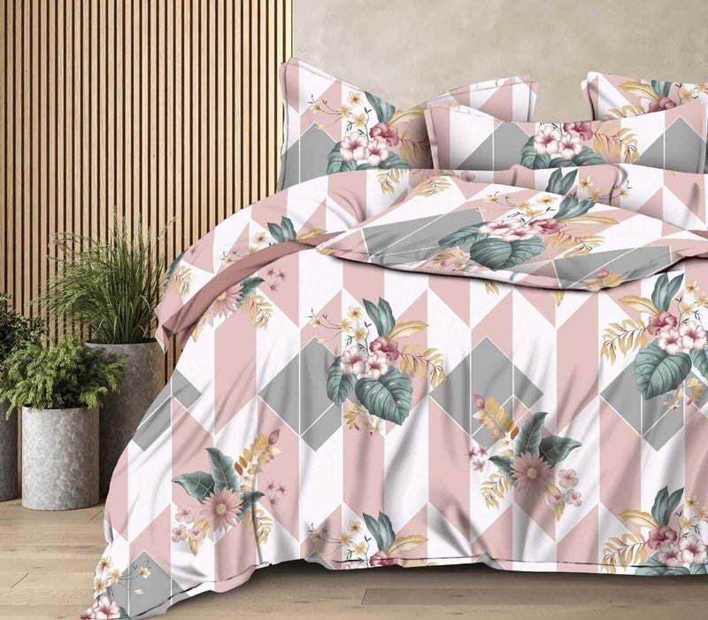 DECOR2ADMIRE 300 TC ملاءة سرير مزدوجة مطبوعة من القطن الفاخر بحجم كوين مع غطاءين وسادة للمنزل 90 بوصة × 100 بوصة (وردي مطبوع بتصميم بسيط) - Image 2