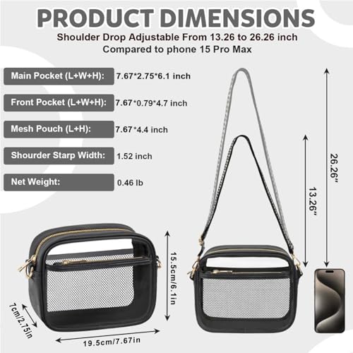 KETIEE Clear Bag for Stadium Events, Clear Crossbody Bag Stadium Approved Clear Purses for Women with Front Pocket, Mesh Pouch and Adjustable Strap for Concerts Sports Festivals (Black) - Image 4
