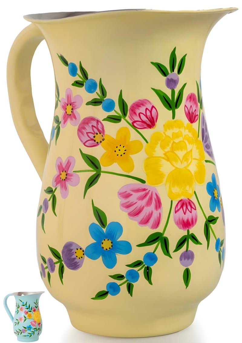 Spices home decor Hand Painted Stainless Steel Water Pitcher  Large Metal Water Jug for Cold Drinks Floral Design Beverage Carafe for Entertaining  Home Decor 8 height 1 Quart Decorative Vase Cream 