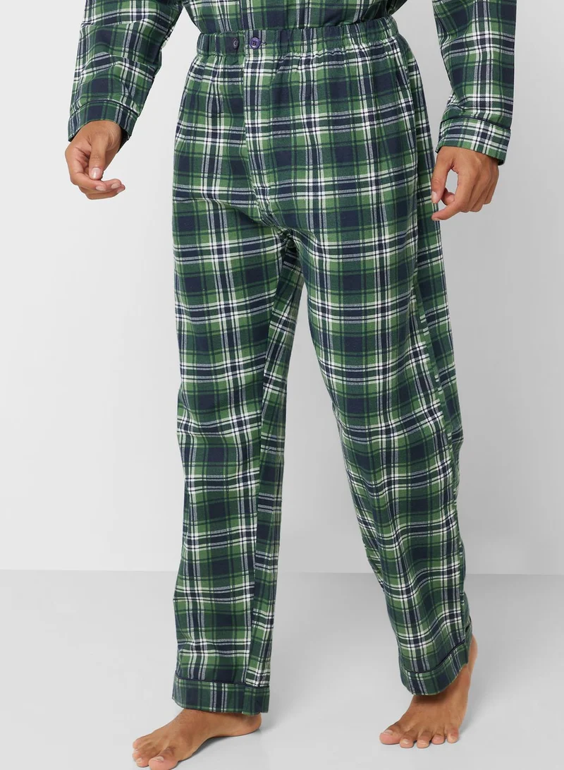 Seventy Five Mens Tom Franks Traditional Check Printed Flannel Pyjama Set - Green/Navy ~ (24)