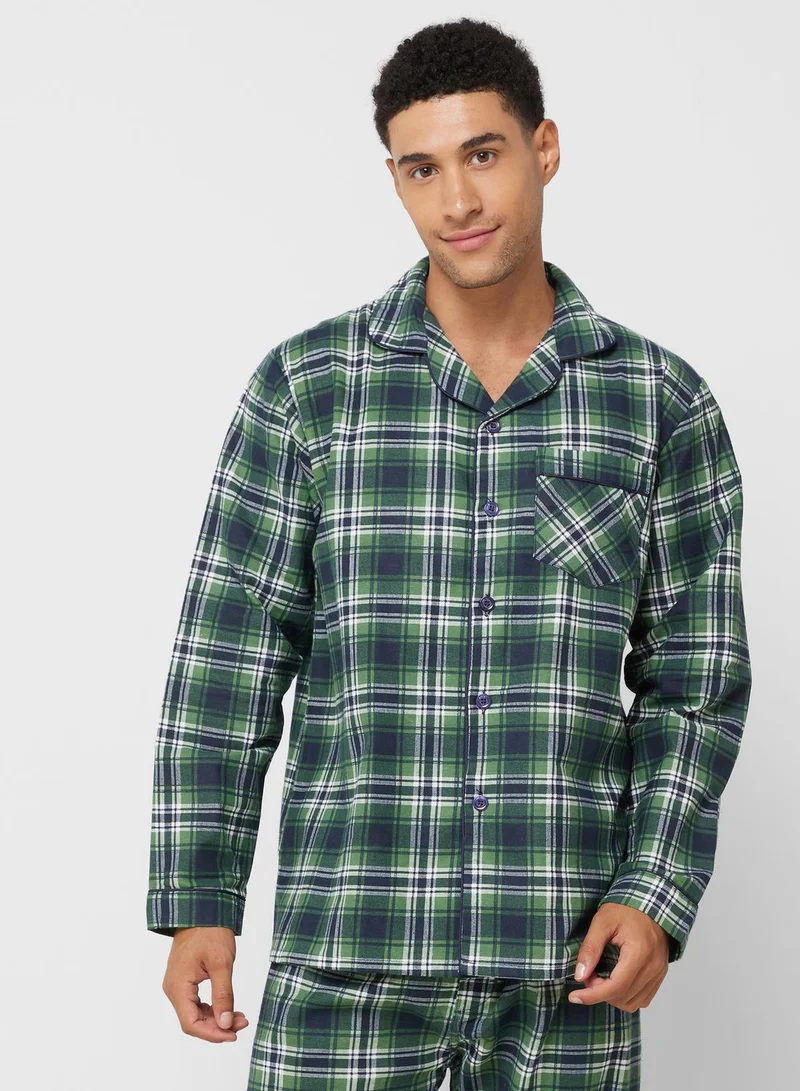 Seventy Five Mens Tom Franks Traditional Check Printed Flannel Pyjama Set - Green/Navy ~ (24)