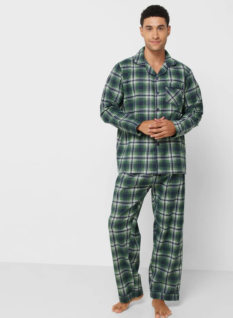 Seventy Five Mens Tom Franks Traditional Check Printed Flannel Pyjama Set - Green/Navy ~ (24)