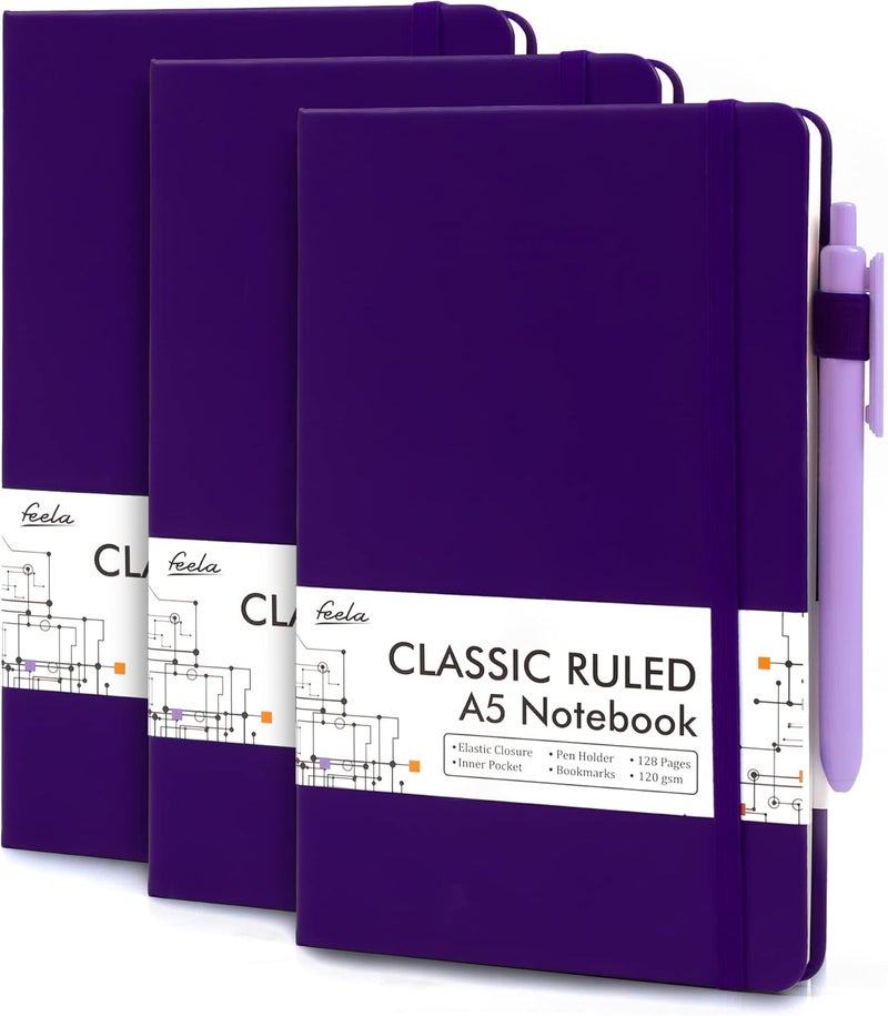 Feela 3 Pack Notebooks Journals Bulk, Hardcover Notebook Classic Ruled Lined Journal Set with Pen Holder for Work Business Journaling Note Taking, with 3 Black Pens, 120 GSM, 5.1”x8.3”, A5, Purple - Image 1