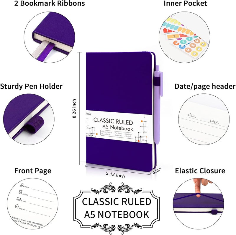 Feela 3 Pack Notebooks Journals Bulk, Hardcover Notebook Classic Ruled Lined Journal Set with Pen Holder for Work Business Journaling Note Taking, with 3 Black Pens, 120 GSM, 5.1”x8.3”, A5, Purple - Image 2