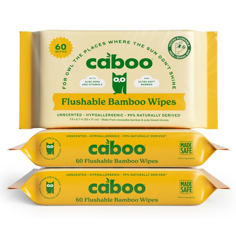 مناديل قابو القابلة للشطف خالية من الأشجار معتمدة قابلة للشطف آمنة للصرف الصحي قابلة للتحلل خالية من المواد الكيميائية غير معطرة للبالغين مصنوعة من فسكوزة البامبو المتجددة عبوة من 3 إجمالي 180